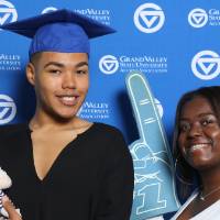 A future alum and friend smile for a photo at Gradfest